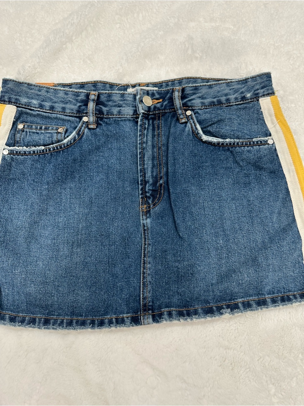 Zara Blue Denim Mini Skirt with Yellow Side Stripe size Large L